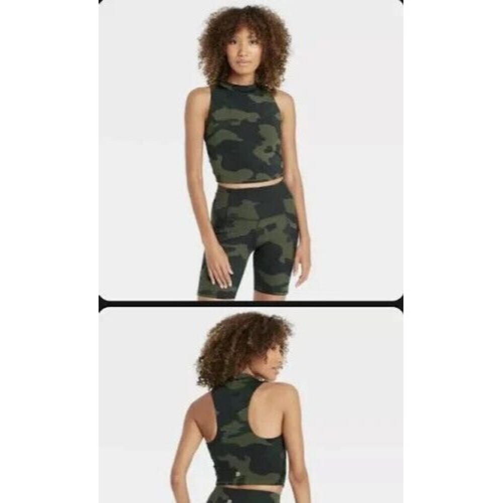 all in motion Camo High-Neck Crop Top in Olive Green and Black